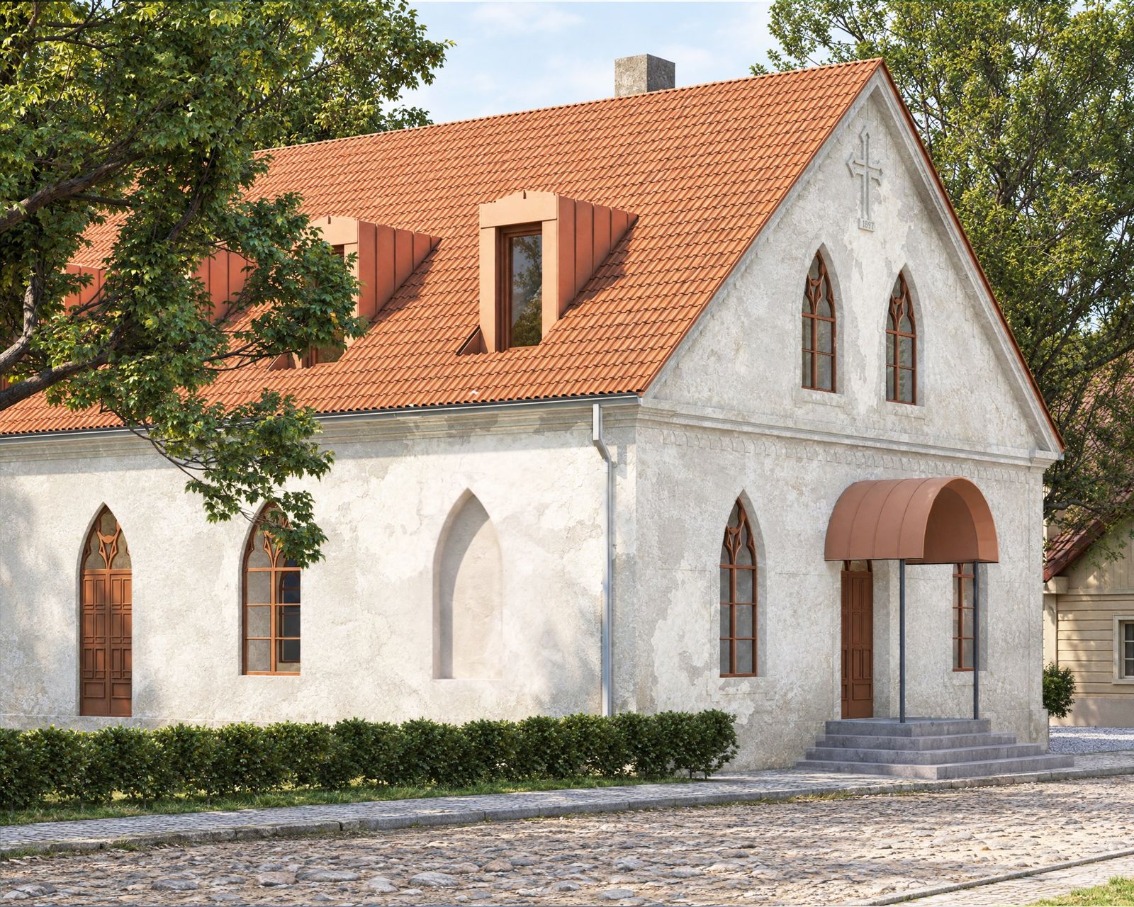 Architect's rendering of the restored church with a new tile roof