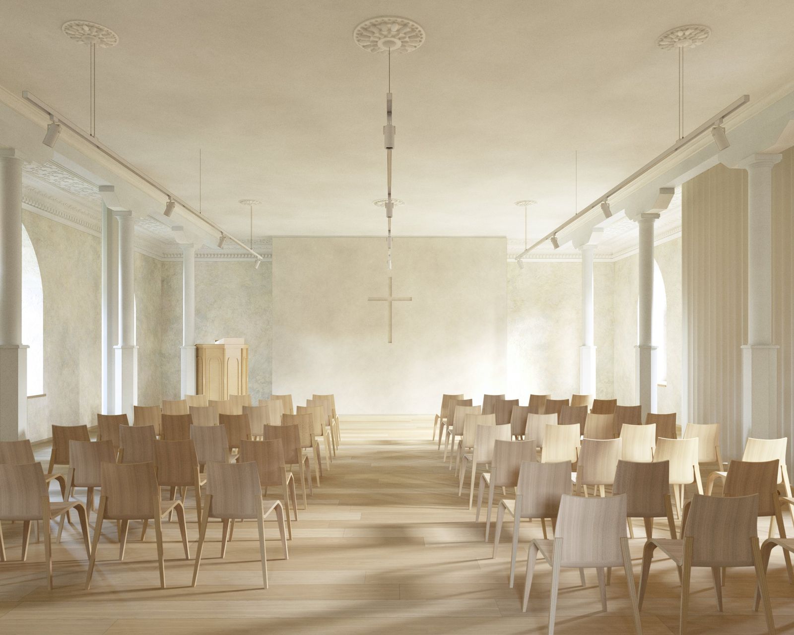 Rendering of the restored main hall with rows of wooden chairs