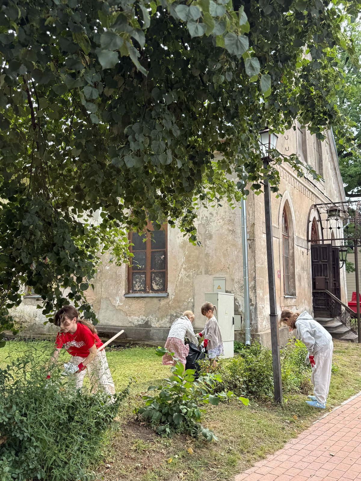 Children pulling weeds beside the church